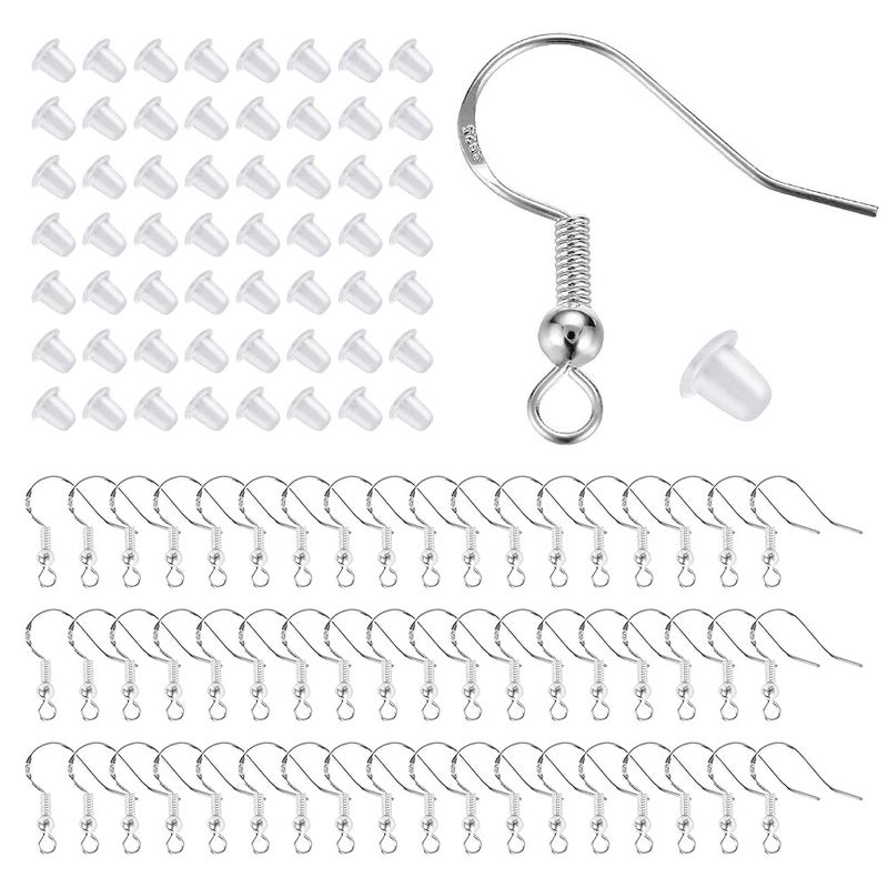 Lhedon 925 Sterling Silver Hypoallergenic Earring Hooks 100 Pairs for Jewelry Making, Fish Hook Earrings Making Kit, DIY Earring Findings Jewelry Making Supplies, with 200 PCS Earring Backsï¼ŒChristmas Gifts - Image 1